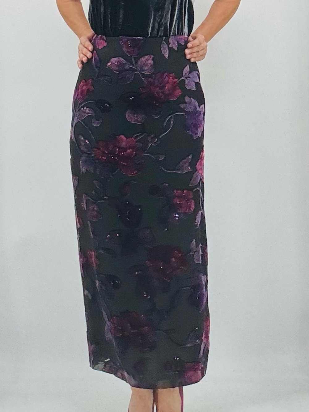 St. John Kelly and Diane Vintage 90s Whimsigoth Fairy Burnout Velvet Silk Skirt - Picture 7 of 16